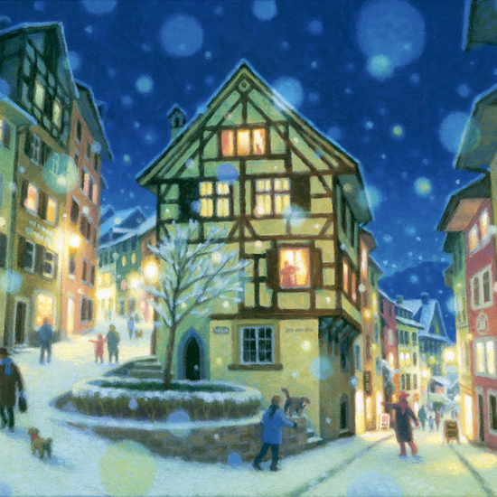 笹倉鉄平の絵画作品　タイトルは、雪舞う街角に